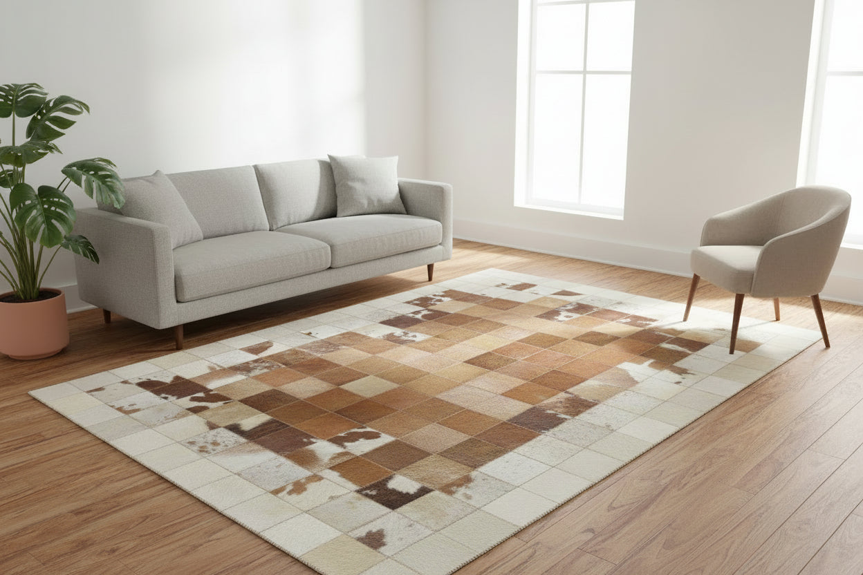 Deva Brown Handmade Leather Checkerboard Rug | Modern Patchwork Checkered Border Rug 7864582111381