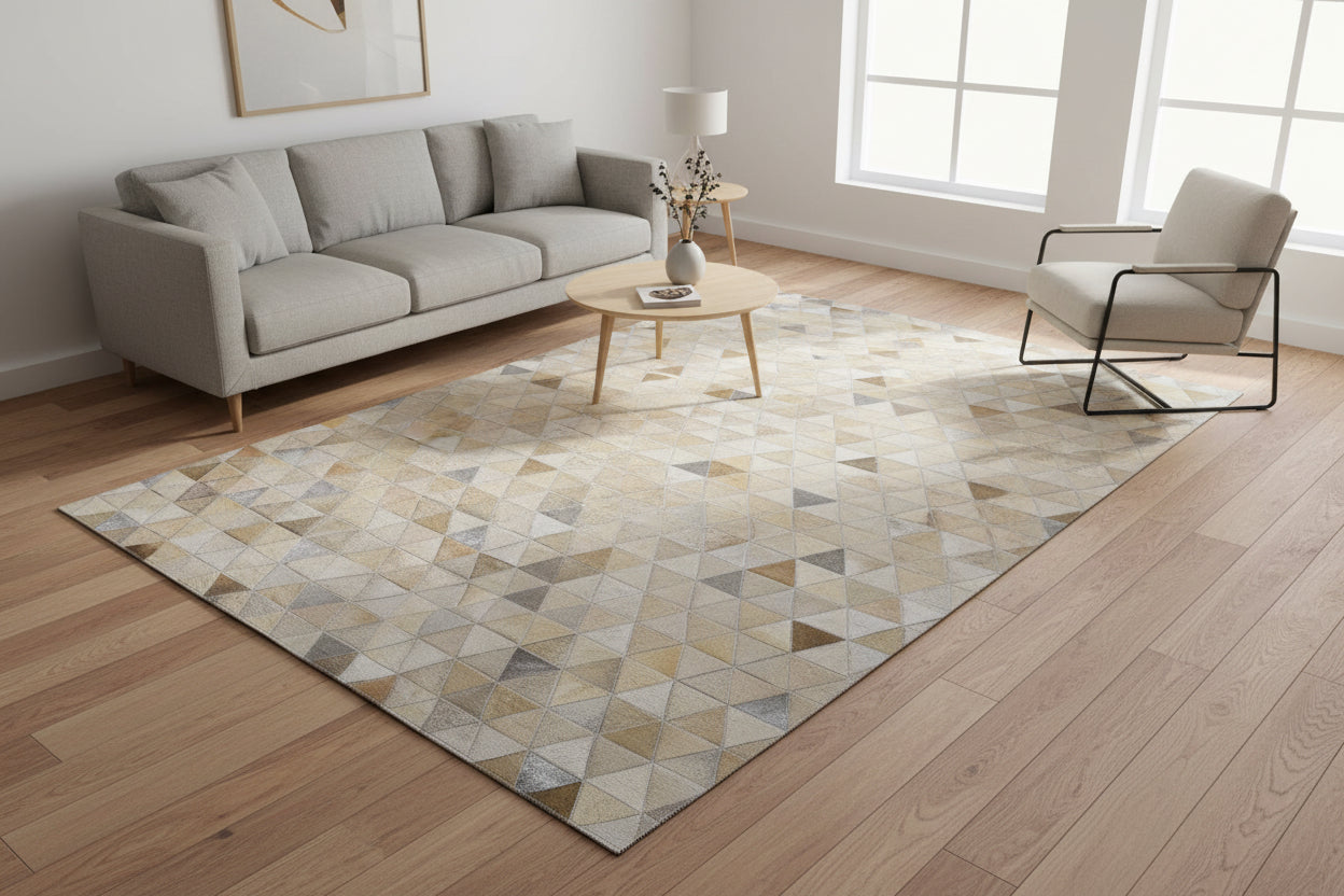 Devin Handmade Beige Leather Triangles Rug - Modern Patchwork Cowhide Area Rug 7864252858517