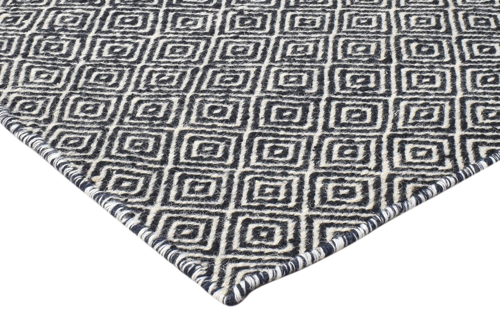 Dhurrie Black Wool Rug 2' X 3' Modern Scandinavian Diamond Small Carpet 7865013239957