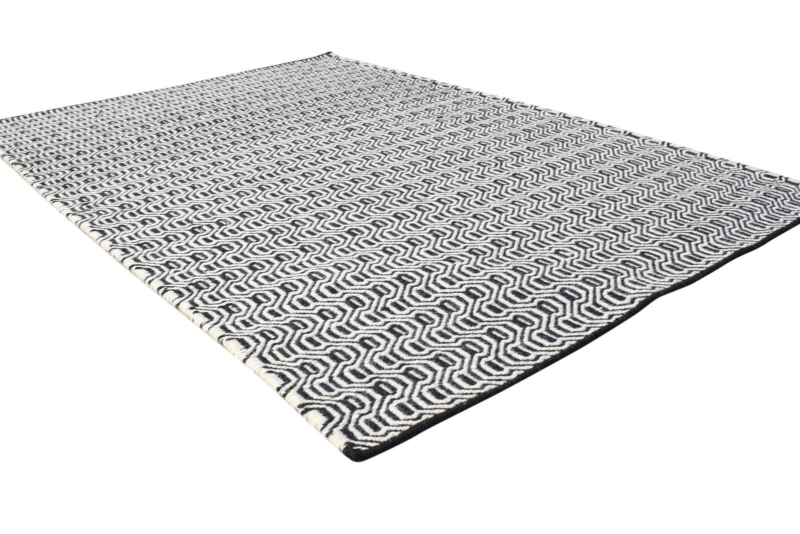Dhurrie Black Wool Rug 4' X 6' Modern French Geometric Room Size Carpet 7864987811989