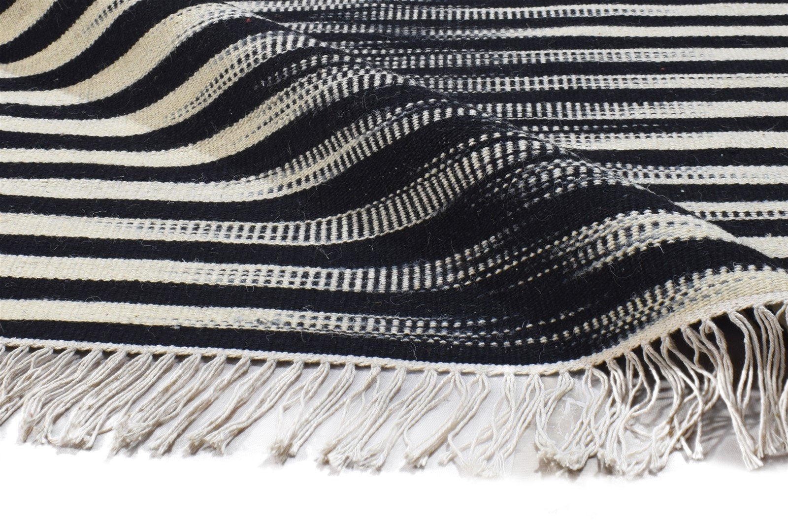 Bertha Dhurrie Black Wool Rug 5' X 8' Modern Scandinavian Striped 7865044435093