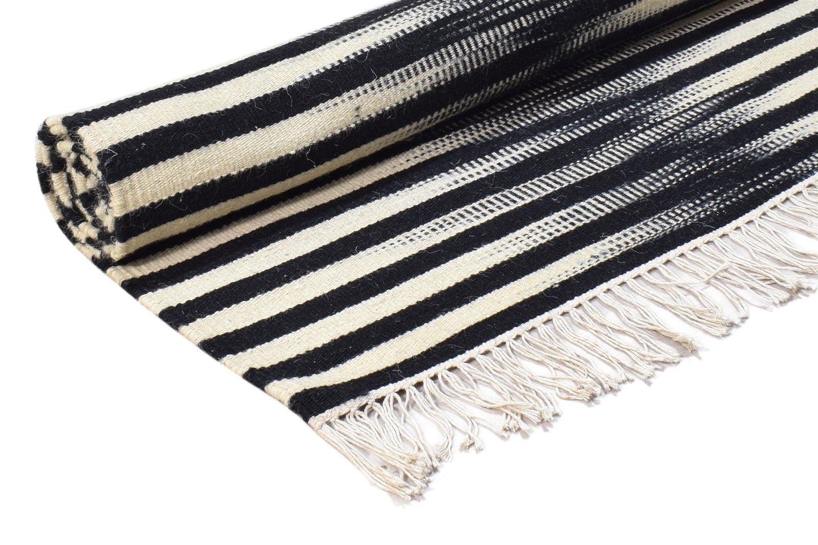 Bertha Dhurrie Black Wool Rug 5' X 8' Modern Scandinavian Striped 7865044435093
