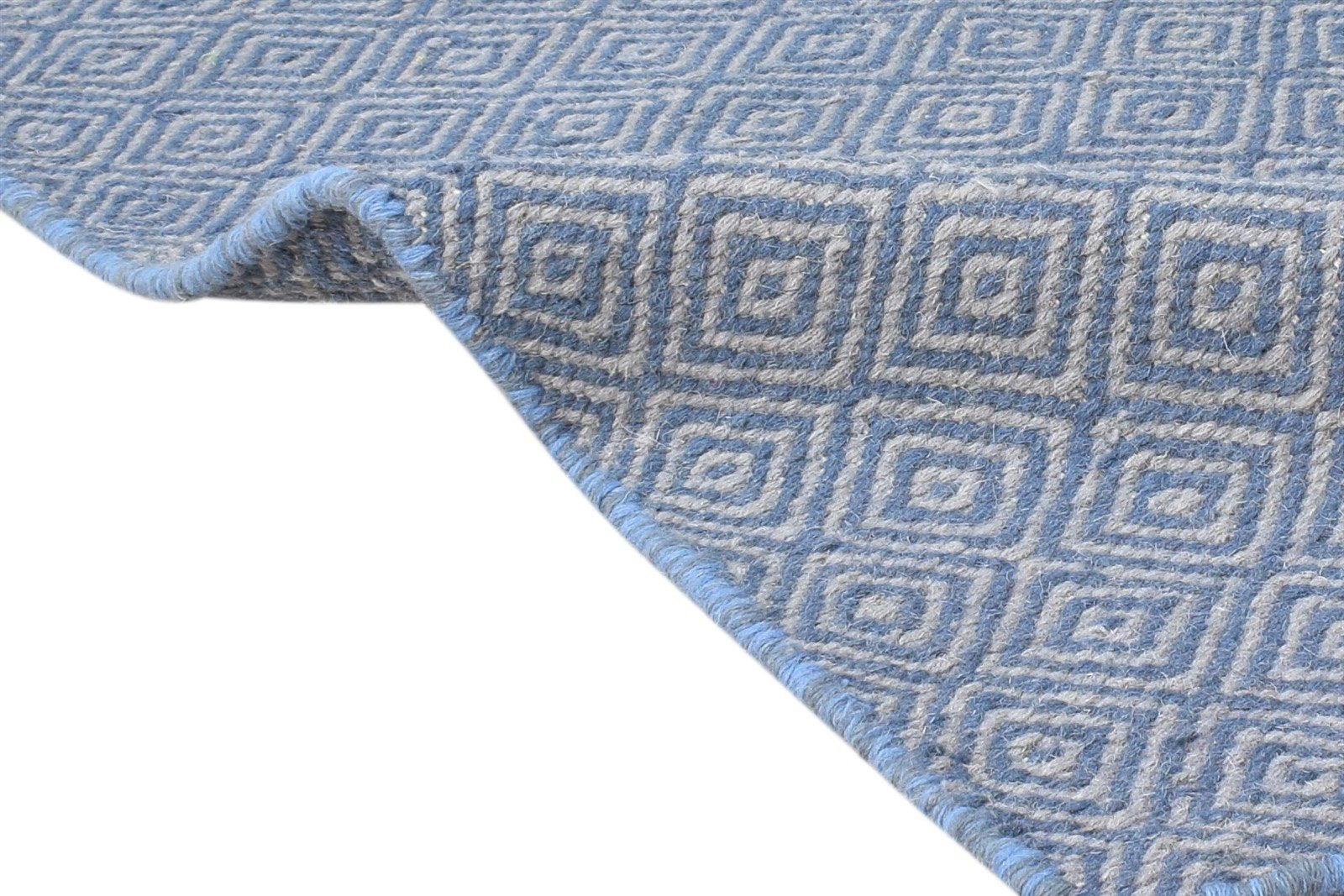 Dhurrie Blue Wool Rug 2' X 3' Modern Scandinavian Diamond Small Carpet 7865012879509