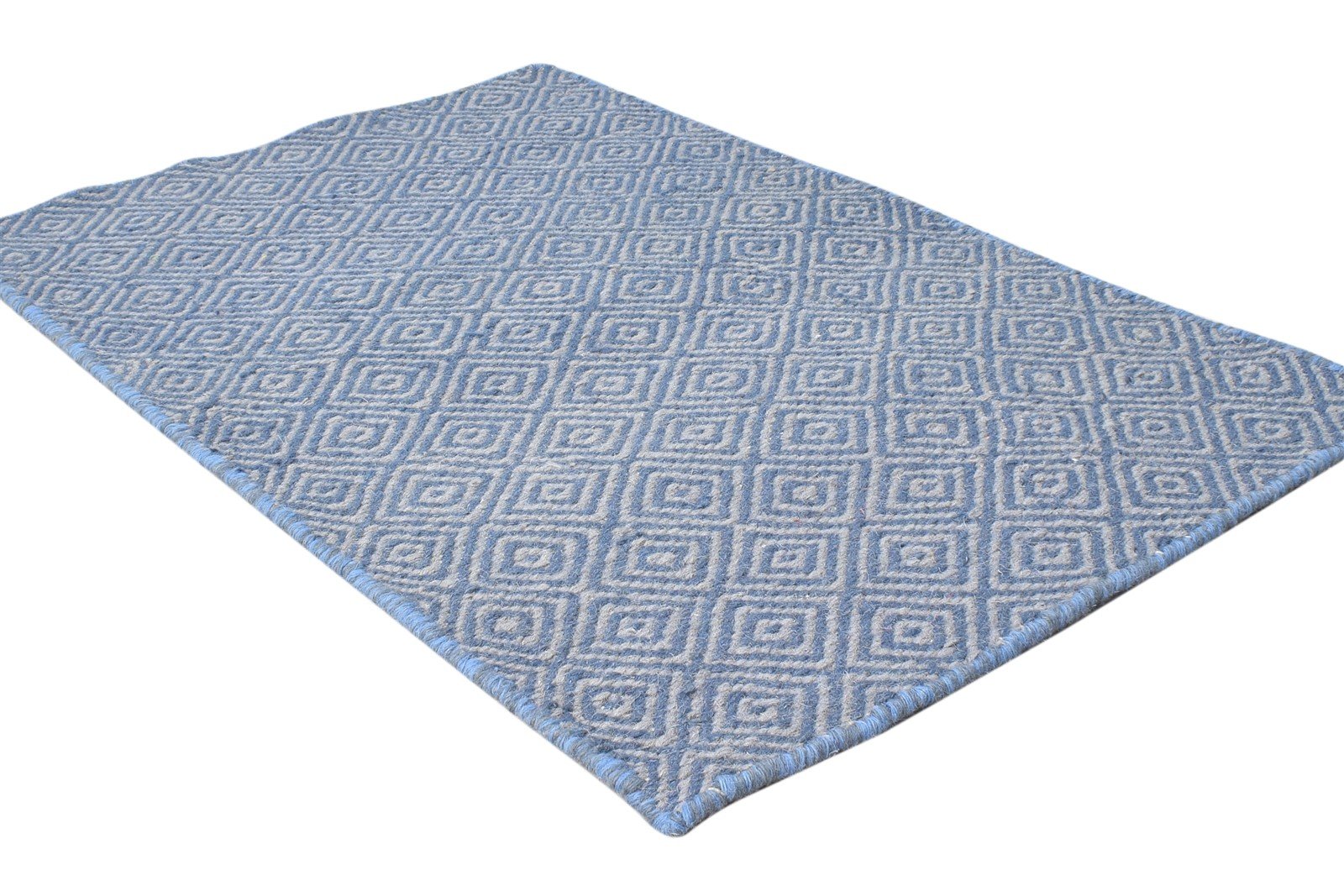Dhurrie Blue Wool Rug 2' X 3' Modern Scandinavian Diamond Small Carpet 7865012879509