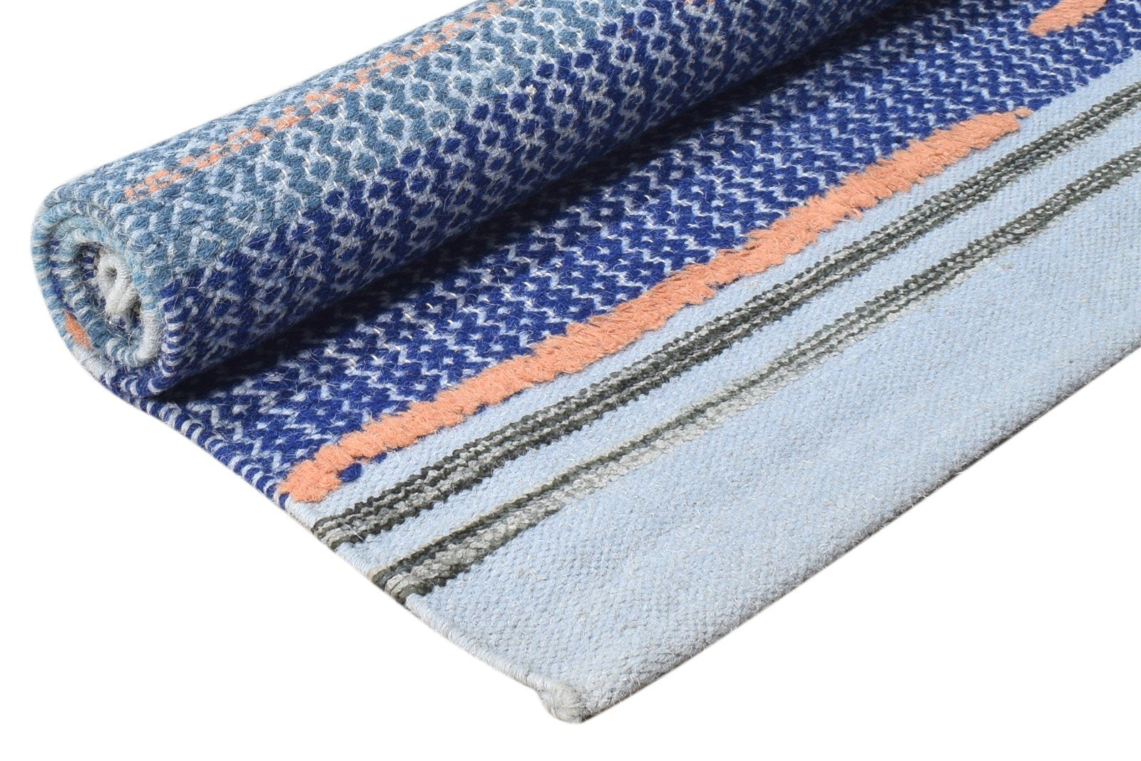 Dhurrie Blue Wool Rug 3' X 5' Modern Bohemian Abstract Room Size Carpet 7865196216469