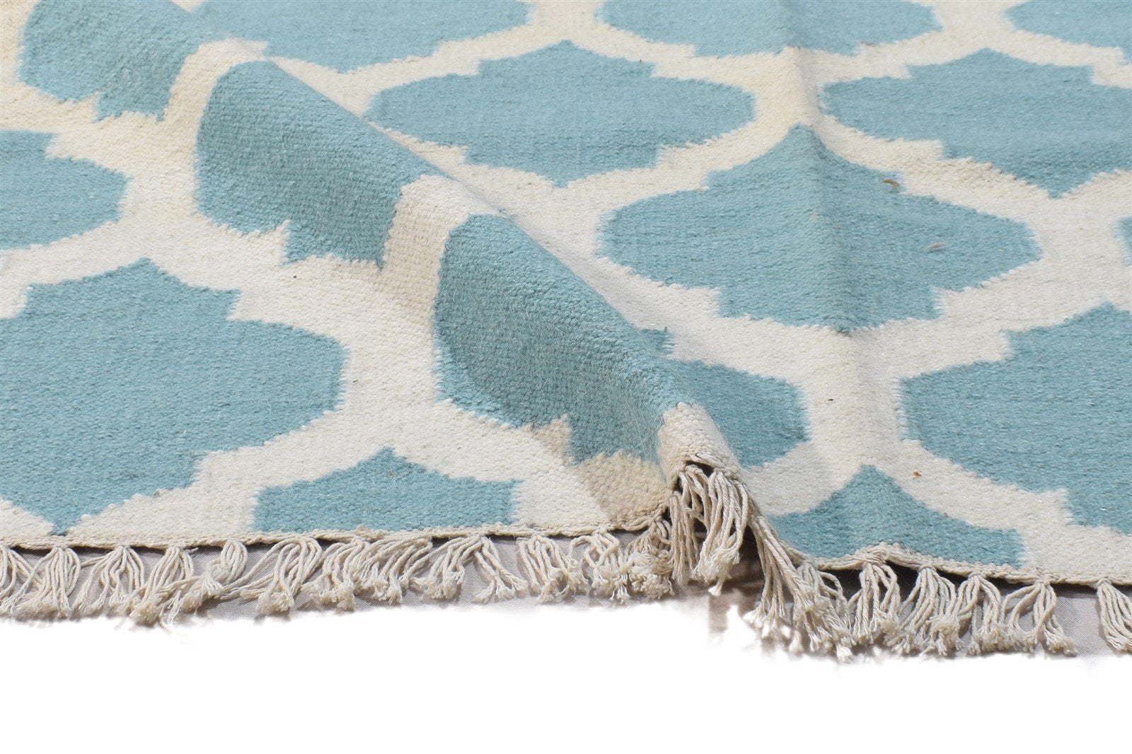 Dhurrie Blue Wool Rug 3' X 5' Modern Moroccan Trellis Room Size Carpet 7864384454805