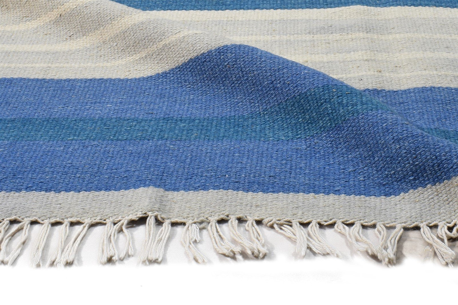 Dhurrie Blue Wool Rug 3' X 5' Modern Scandinavian Striped Room Size Carpet 7865167478933