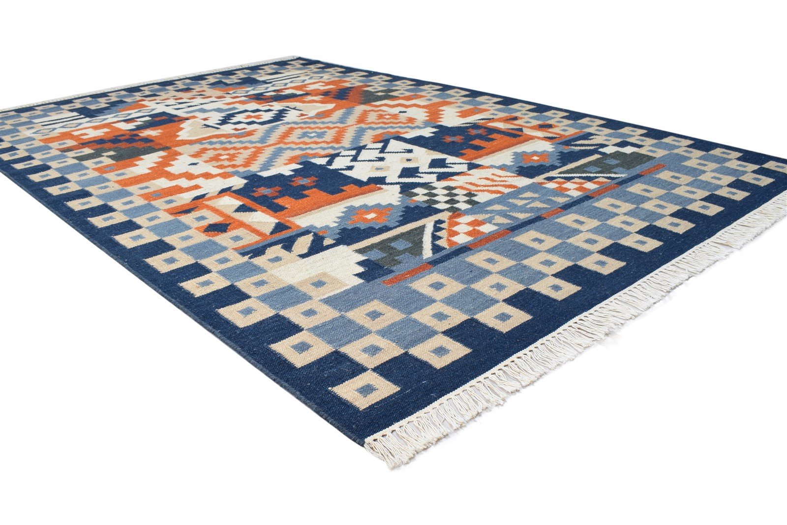 Dhurrie Blue Wool Rug 6' X 8' Southwestern American Tribal Room Size Carpet 7865024053397