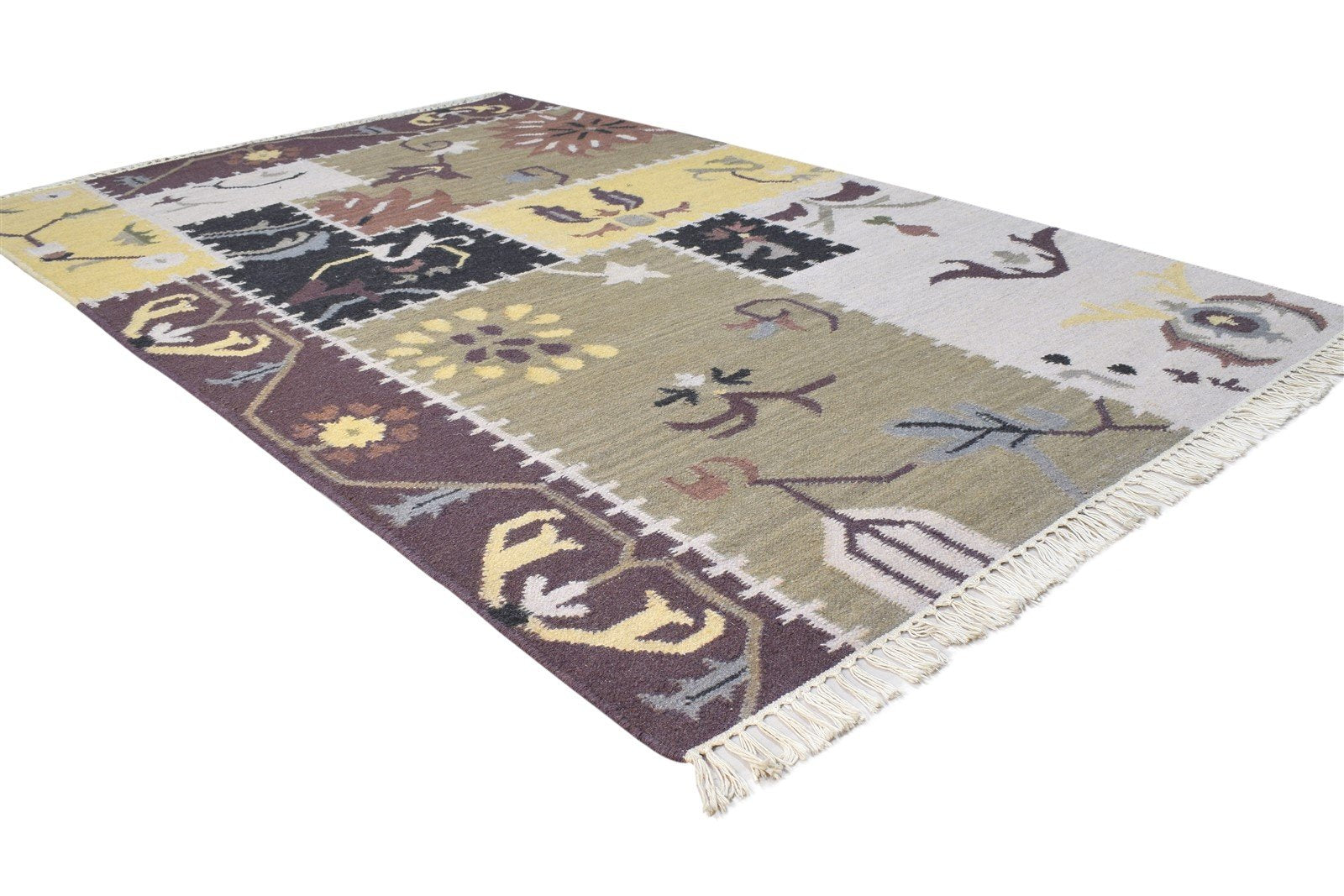 Dhurrie Brown Wool Rug 4' X 6' Modern Oriental Patchwork Room Size Carpet 7865081495701