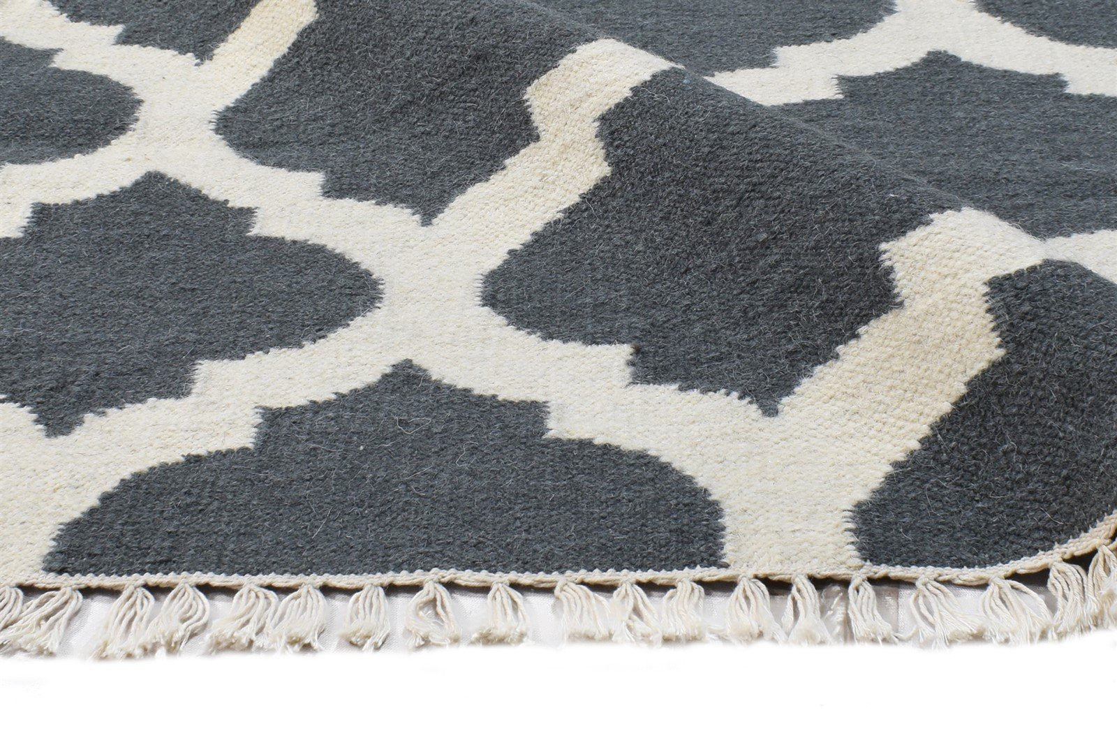 Dhurrie Charcoal Wool Rug 3' X 5' Modern Moroccan Scroll Tile Small Carpet 7865121374357