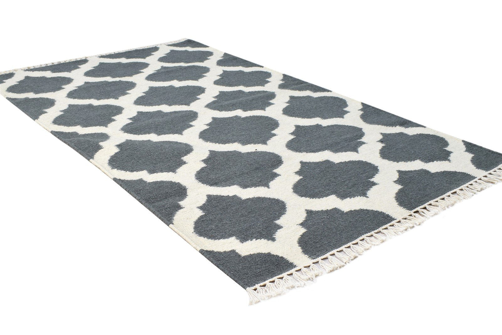Dhurrie Charcoal Wool Rug 3' X 5' Modern Moroccan Scroll Tile Small Carpet 7865121374357