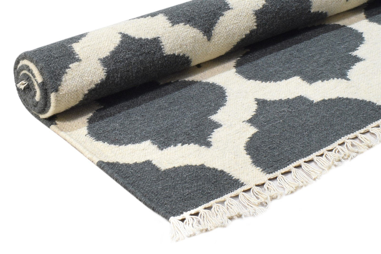 Dhurrie Charcoal Wool Rug 3' X 5' Modern Moroccan Scroll Tile Small Carpet 7865121374357