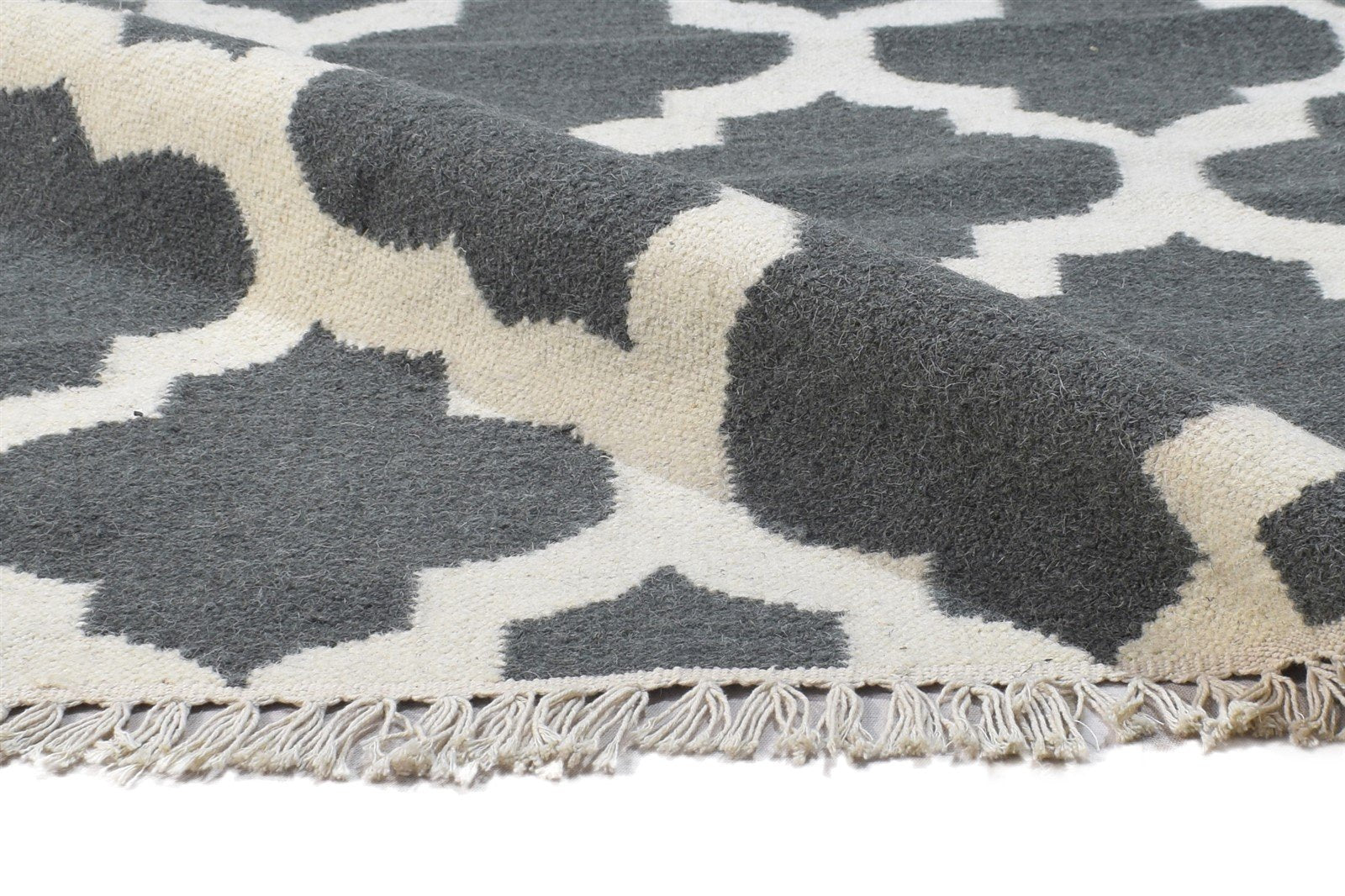 Dhurrie Dark Grey Wool Rug 5' X 7' Modern Moroccan Trellis Room Size Carpet 7864392908949