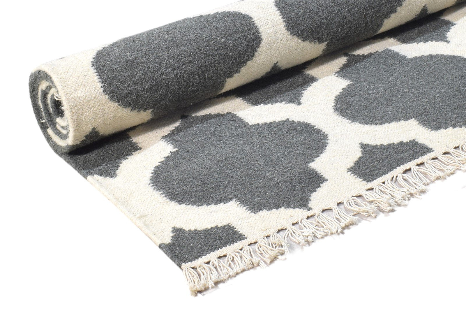 Dhurrie Dark Grey Wool Rug 5' X 7' Modern Moroccan Trellis Room Size Carpet 7864392908949