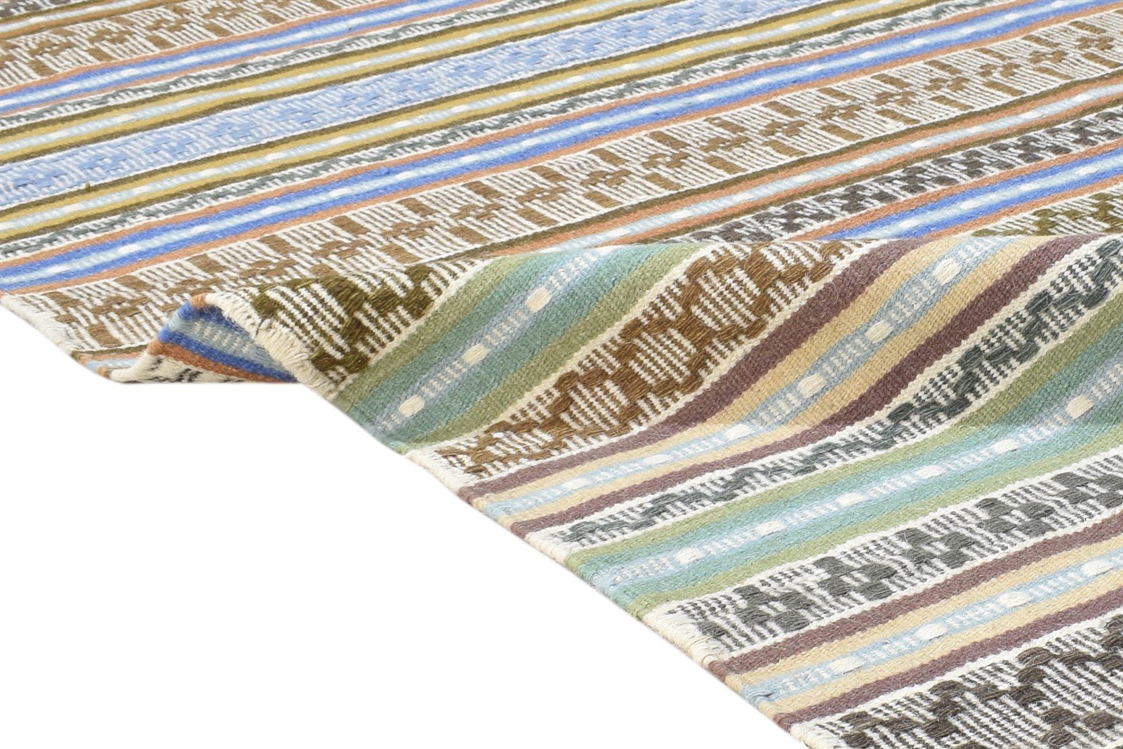Dhurrie Green Wool Rug 5' X 8' Modern Bohemian Striped Room Size Carpet 7865046335637