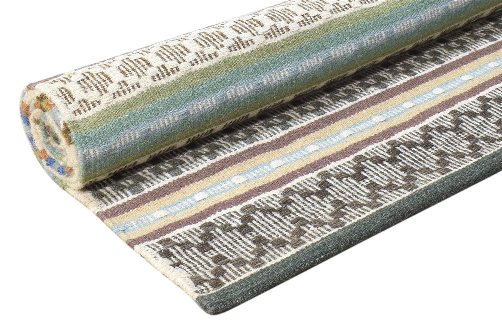 Dhurrie Green Wool Rug 5' X 8' Modern Bohemian Striped Room Size Carpet 7865046335637
