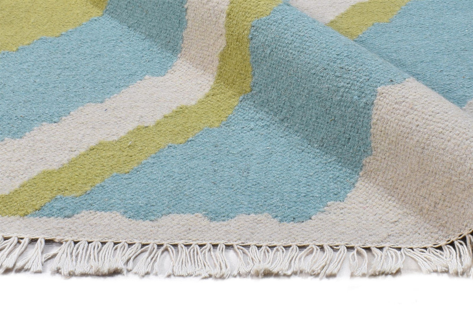 Dhurrie Green Wool Rug 5' X 8' Modern Scandinavian Abstract Room Size Carpet 7865021890709