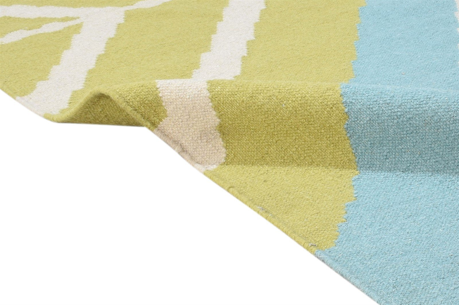 Dhurrie Green Wool Rug 5' X 8' Modern Scandinavian Abstract Room Size Carpet 7865021890709