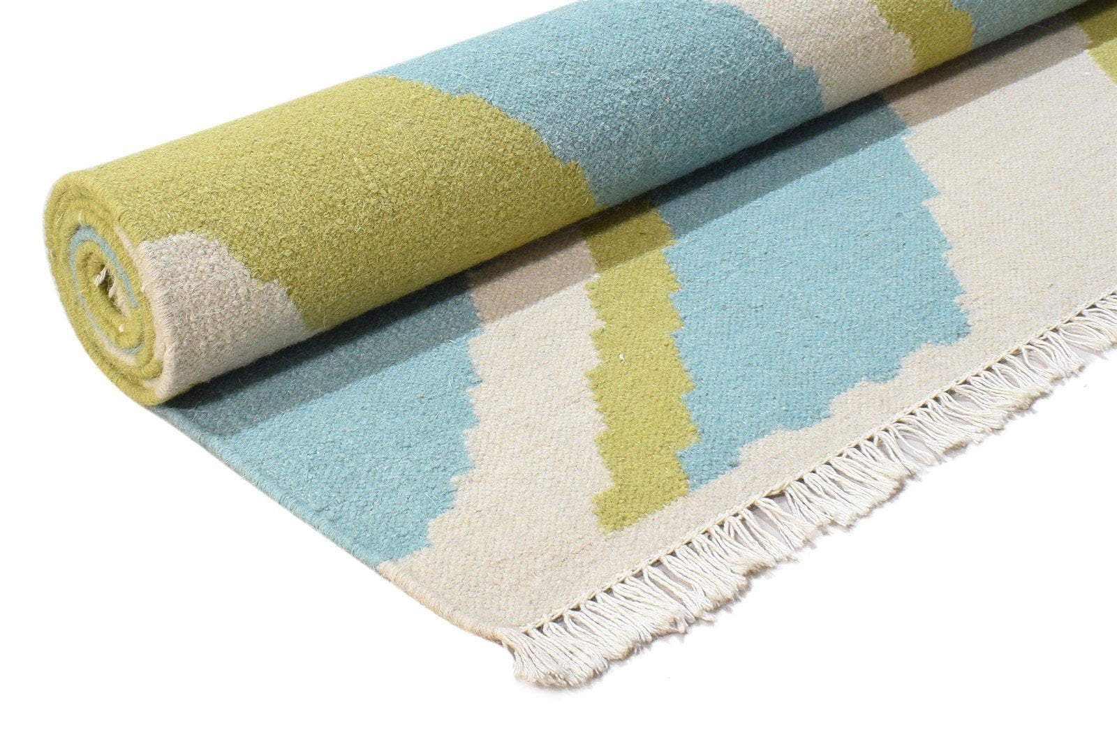 Dhurrie Green Wool Rug 5' X 8' Modern Scandinavian Abstract Room Size Carpet 7865021890709