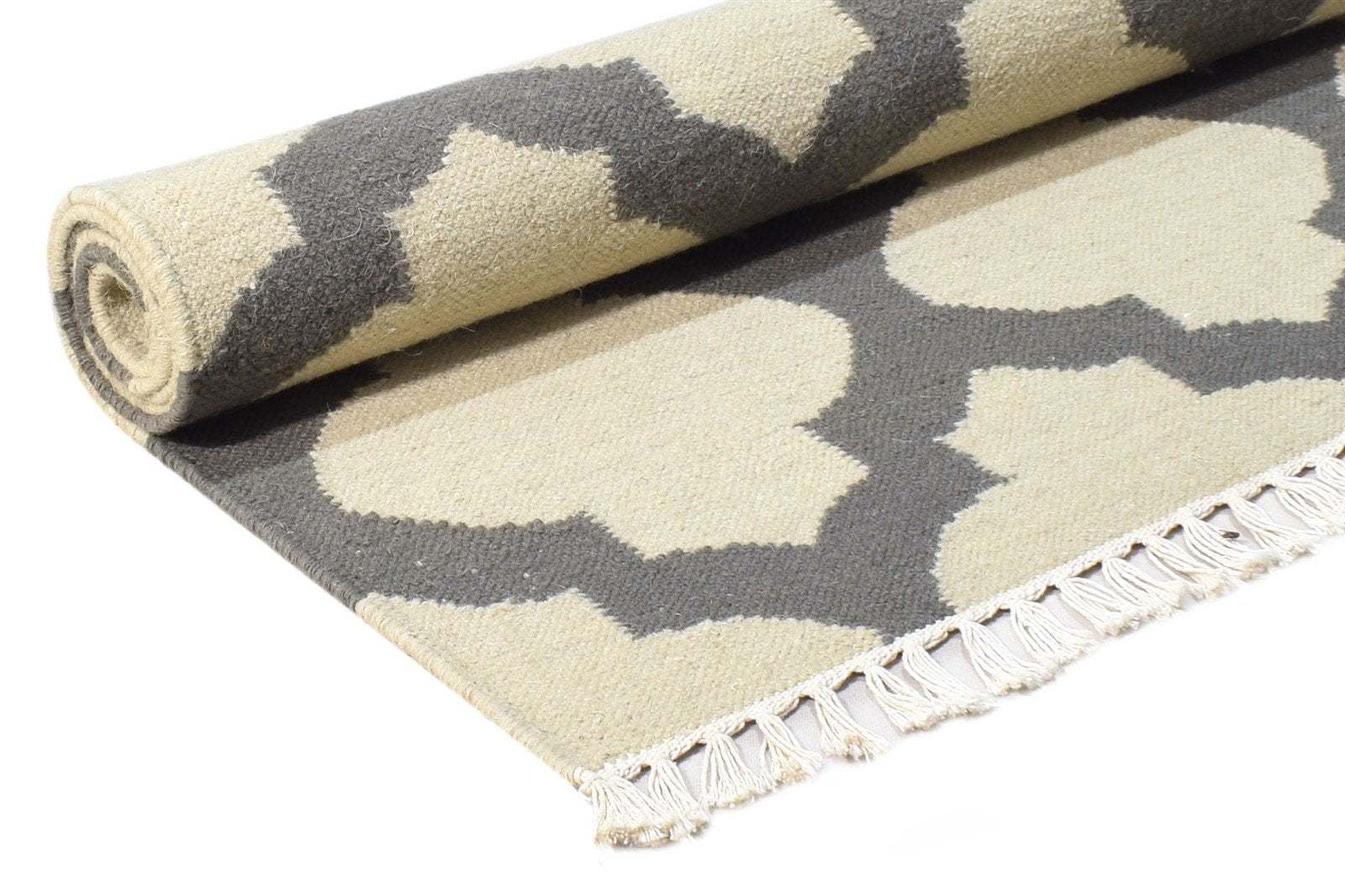 Dhurrie Grey Wool Rug 3' X 5' Modern Moroccan Scroll Tile Small Carpet 7865121177749