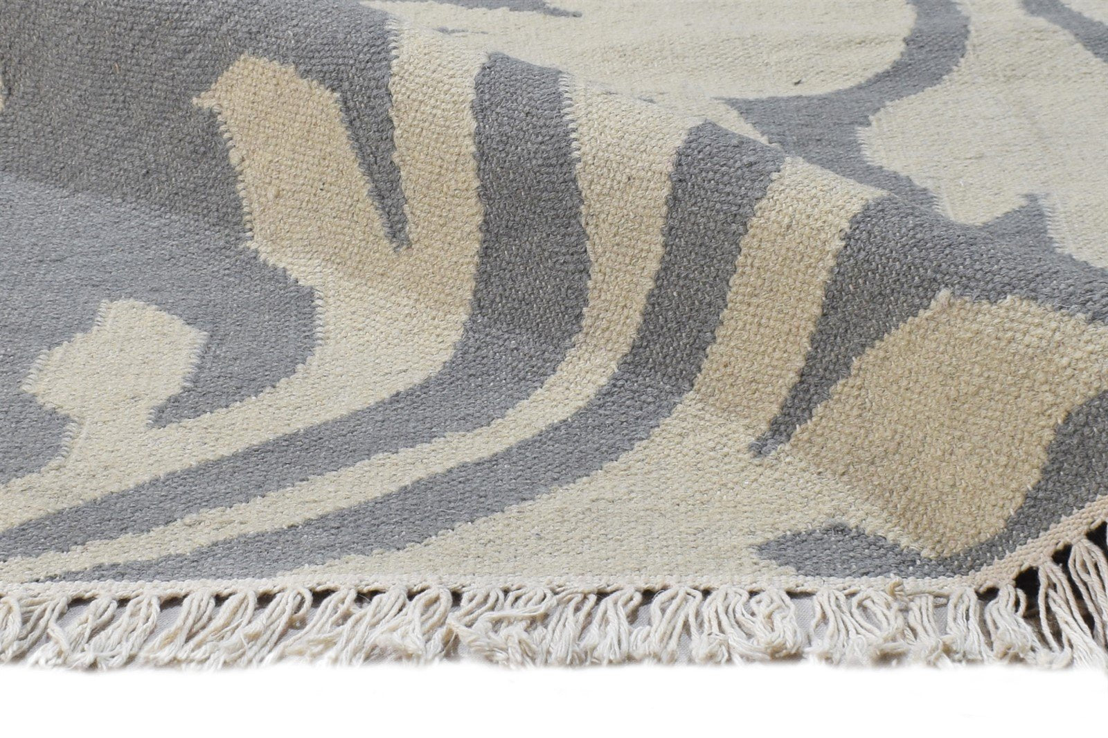 Dhurrie Grey Wool Rug 5' X 4' Modern European Damask Room Size Carpet 7864674123925