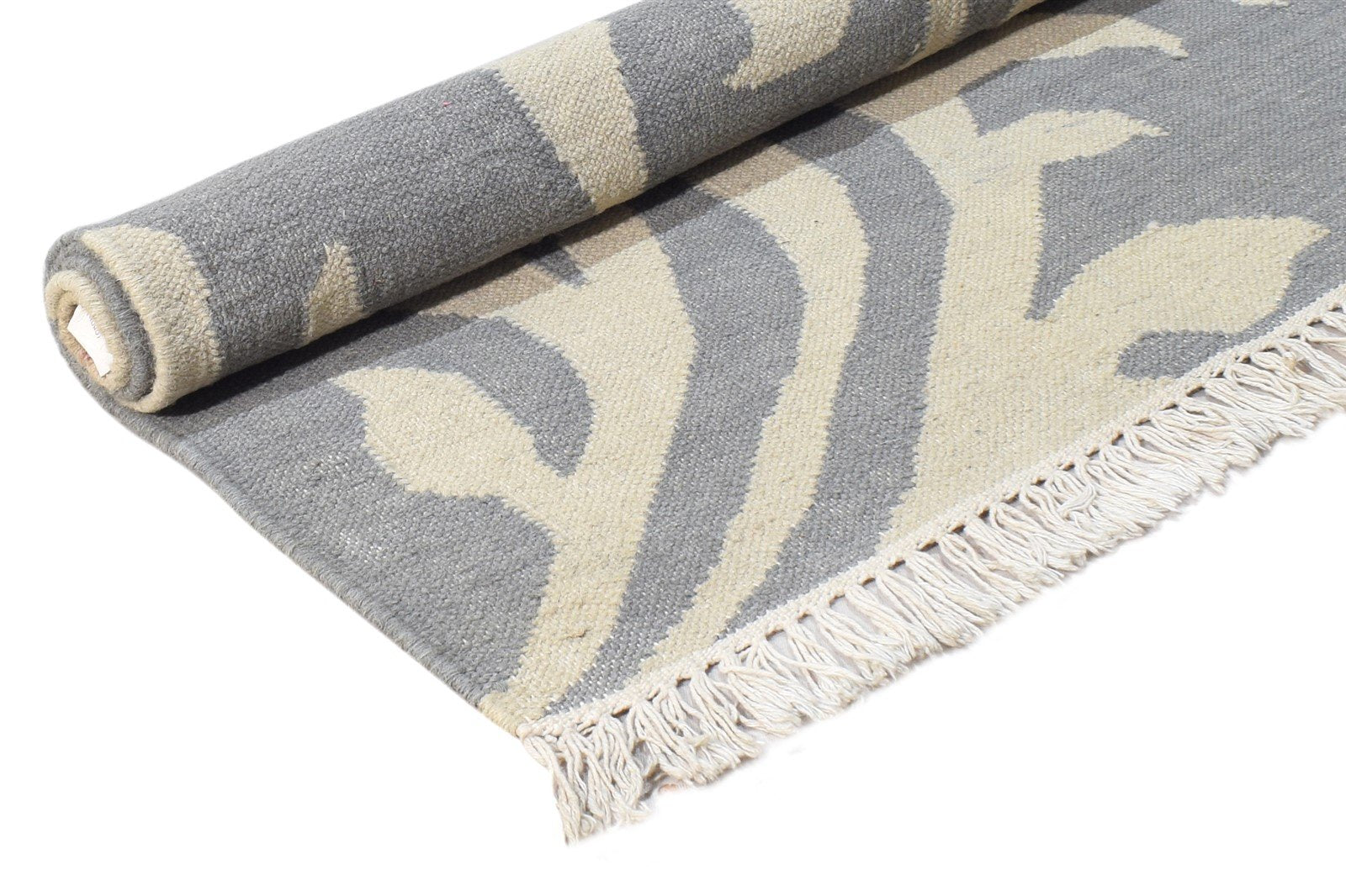 Dhurrie Grey Wool Rug 5' X 4' Modern European Damask Room Size Carpet 7864674123925
