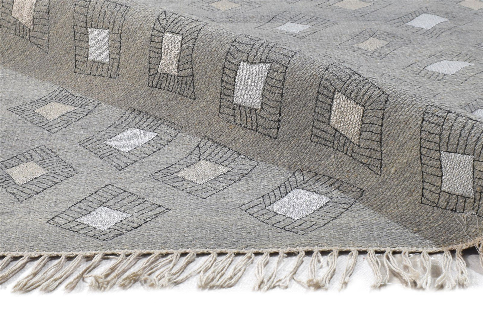 Dhurrie Grey Wool / Silk Rug 4X6 Modern Scandinavian Diamond Room Size Carpet 7864673337493