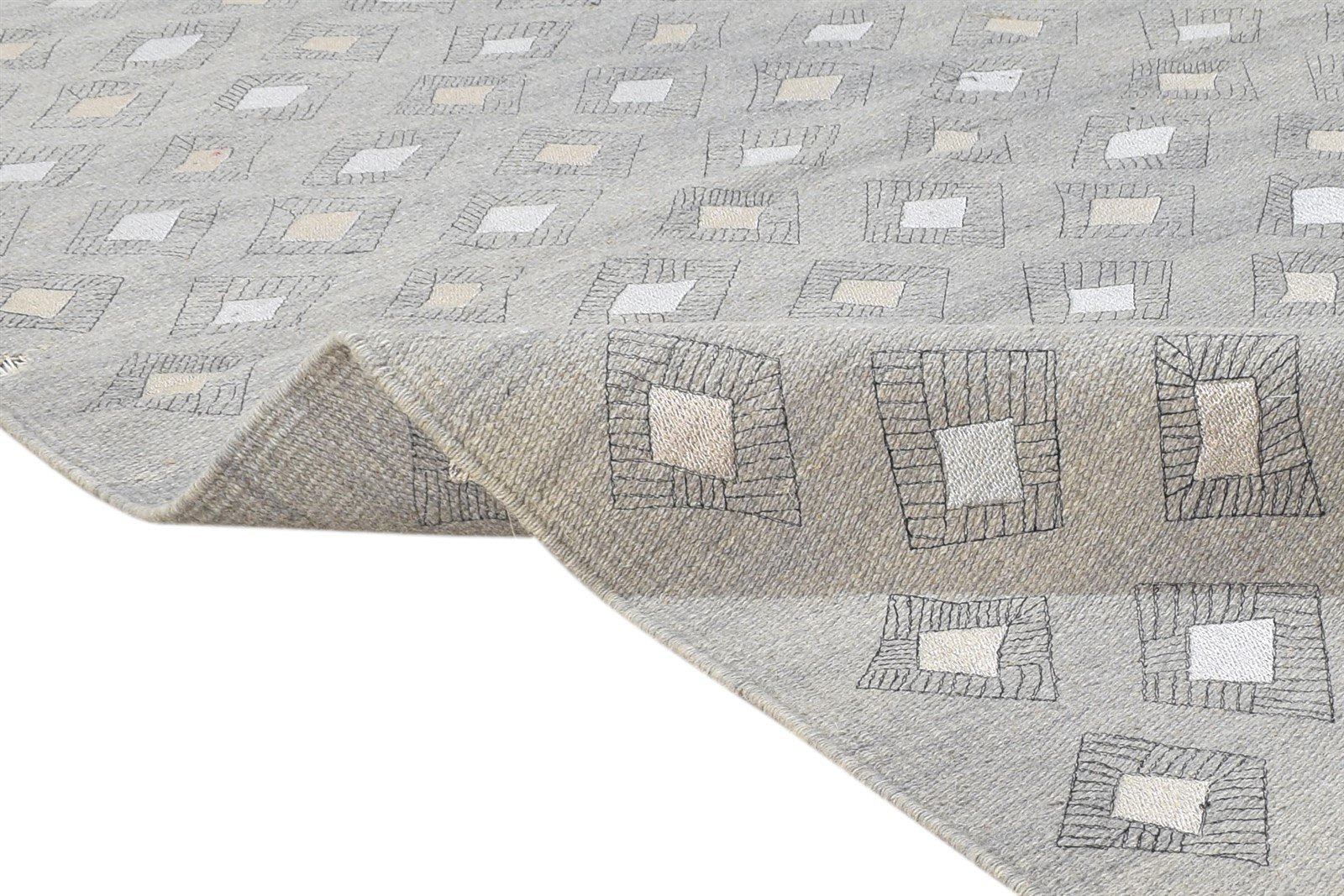 Dhurrie Grey Wool / Silk Rug 4X6 Modern Scandinavian Diamond Room Size Carpet 7864673337493