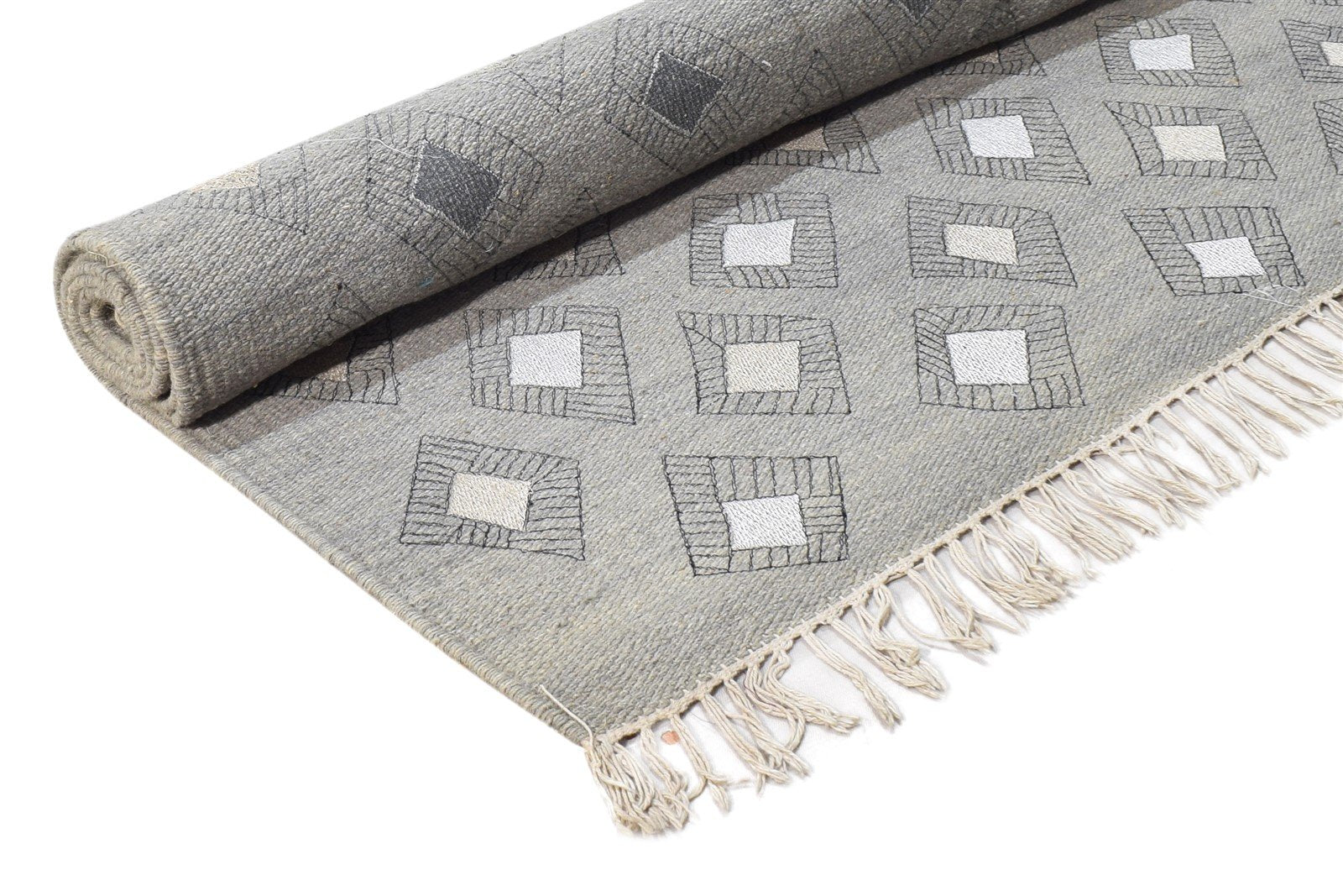 Dhurrie Grey Wool / Silk Rug 4X6 Modern Scandinavian Diamond Room Size Carpet 7864673337493