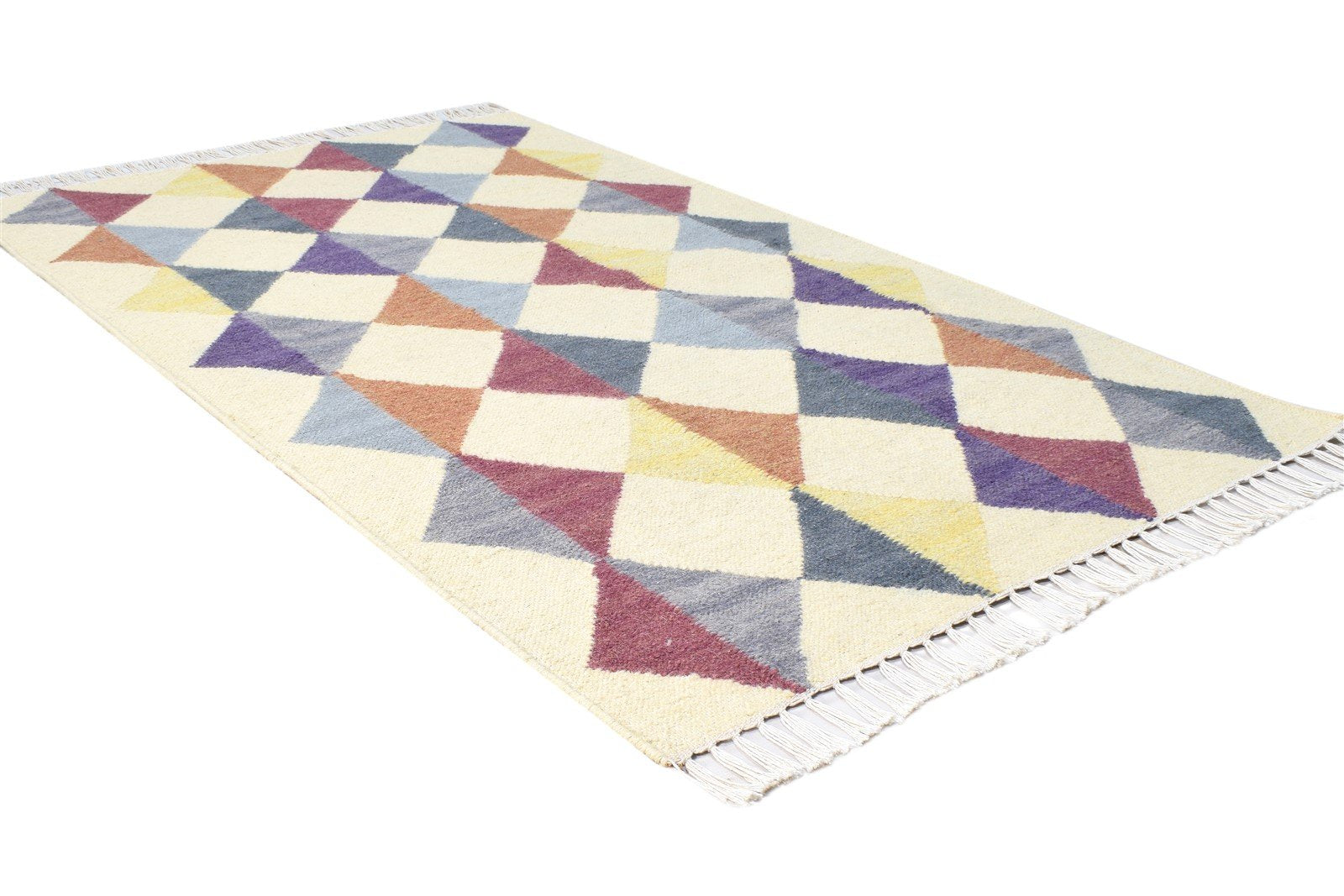 Dhurrie Multi Color Wool Rug 3' X 5' Modern Scandinavian Triangles Small Carpet 7865122357397