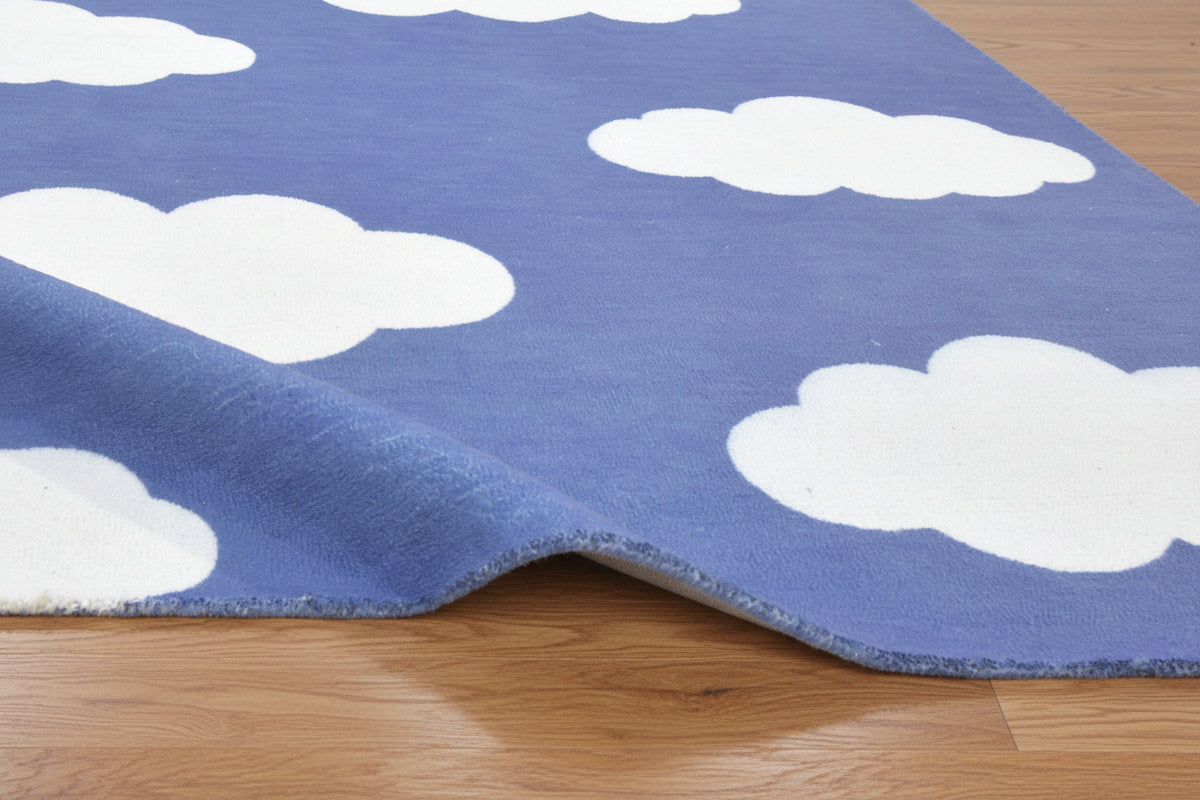 Dreamy Cloud Handmade Blue & White Kids Rug – Whimsical Nursery Area Rug