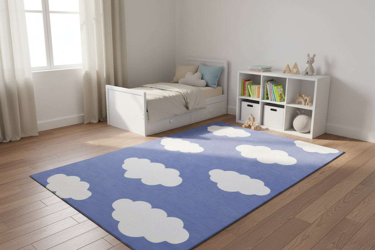 Dreamy Cloud Handmade Blue & White Kids Rug – Whimsical Nursery Area Rug