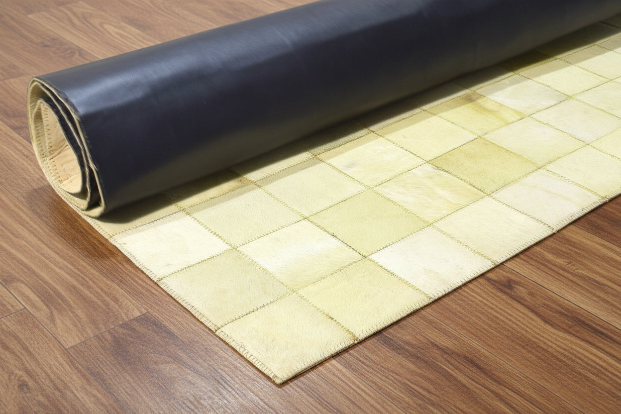 Emmey Leather Handmade Beige Checkerboard Rug | Modern Checkered Patchwork Area Rug 7864583356565