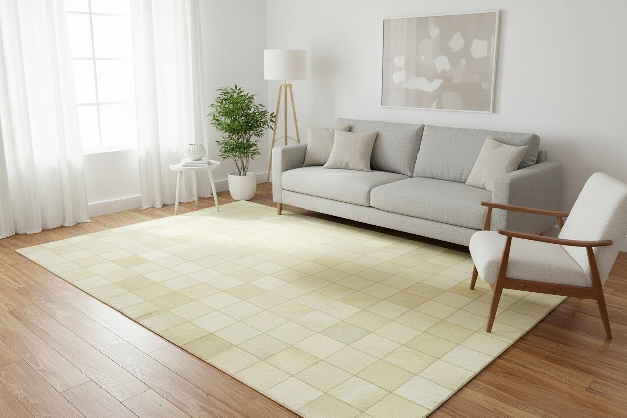 Emmey Leather Handmade Beige Checkerboard Rug | Modern Checkered Patchwork Area Rug 7864583356565