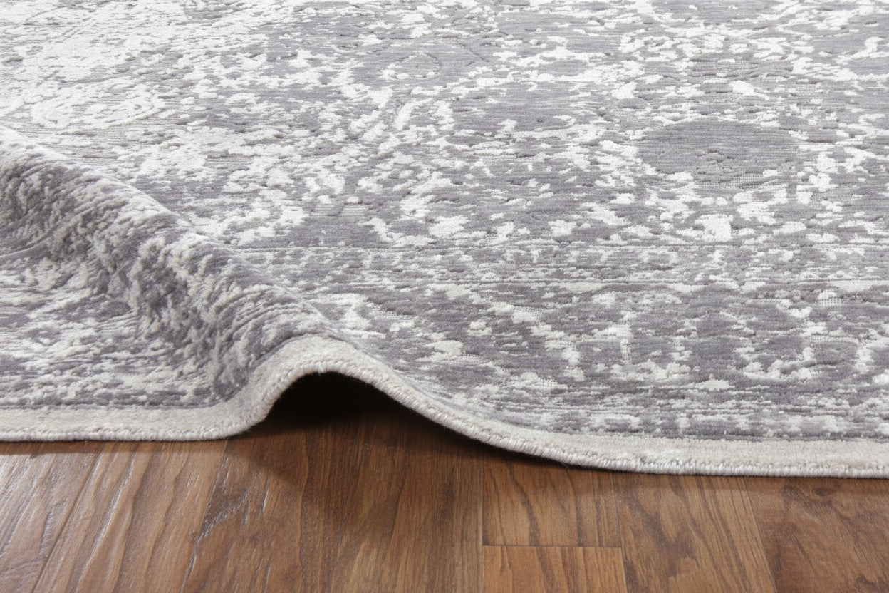 Eroded Floral Loom Knotted Charcoal Gray Area Rug - Vintage Revival Distressed Style Rug 9176264310933