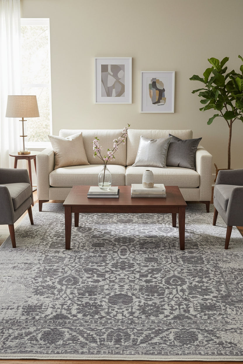 Eroded Floral Loom Knotted Charcoal Gray Area Rug - Vintage Revival Distressed Style Rug 9176264310933