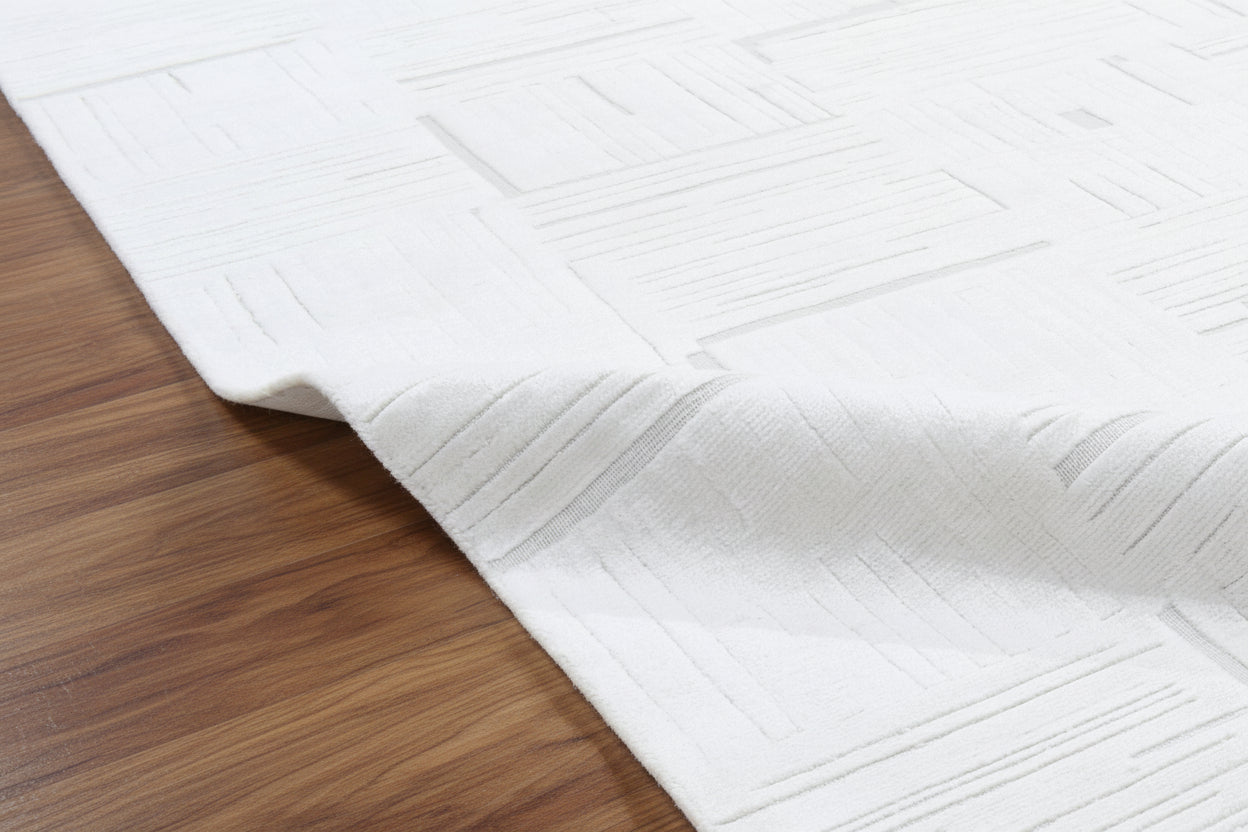 Etched Grid Handmade Ivory Off-White Plaids Area Rug – Modern Geometric Loom Knotted Wool Silk Rug 9175590666389