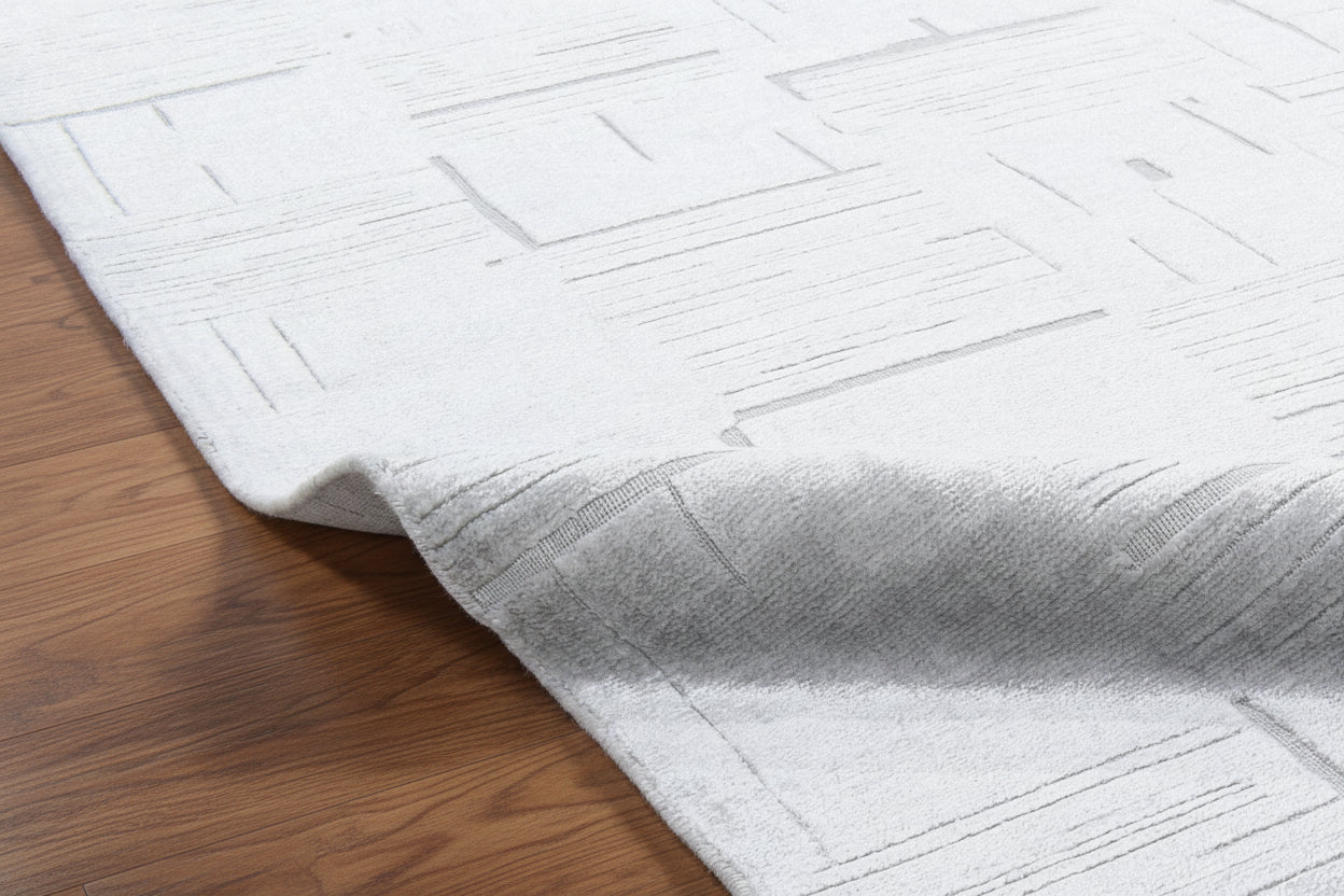 Etched Grid Handmade Silver Plaids Area Rug – Modern Geometric Loom Knotted Wool Silk Rug 9175575265429