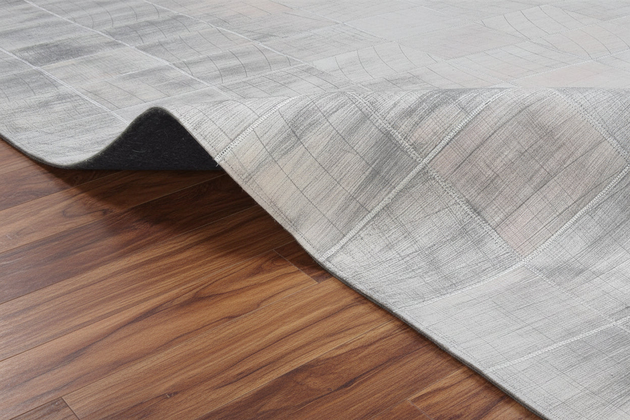Ettie Leather Handmade Gray Border Rug | Modern Patchwork Cowhide Area Rug 9057517928597
