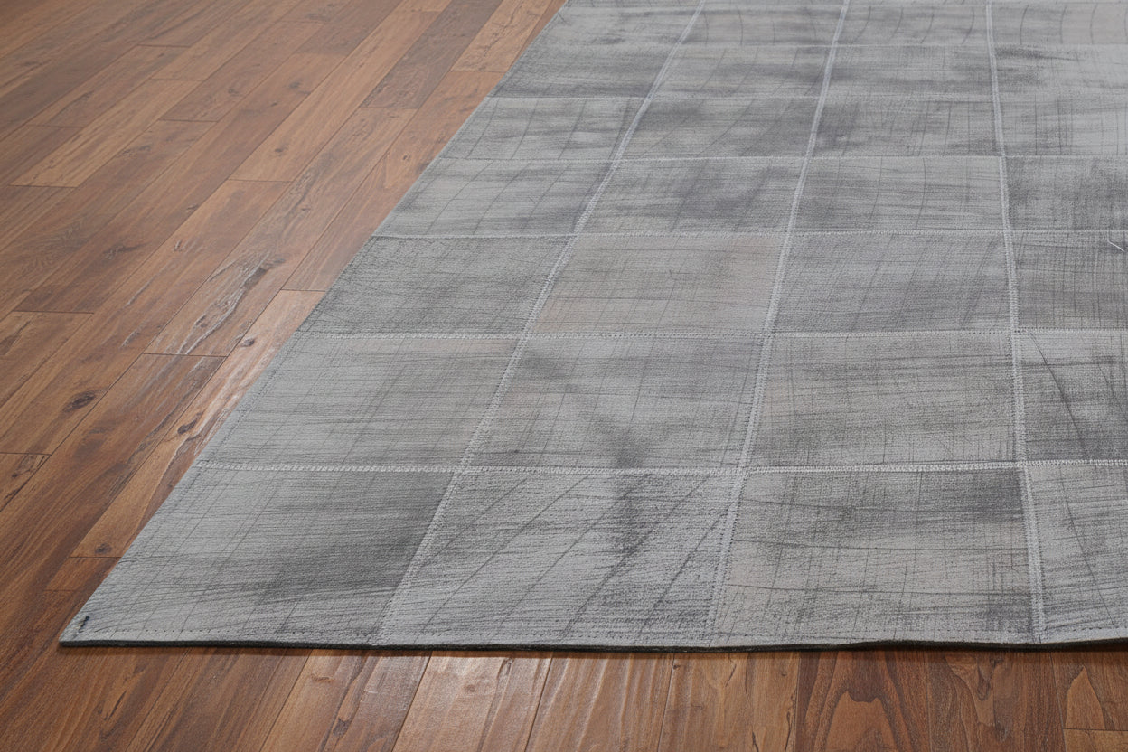 Ettie Leather Handmade Gray Border Rug | Modern Patchwork Cowhide Area Rug 9057517928597