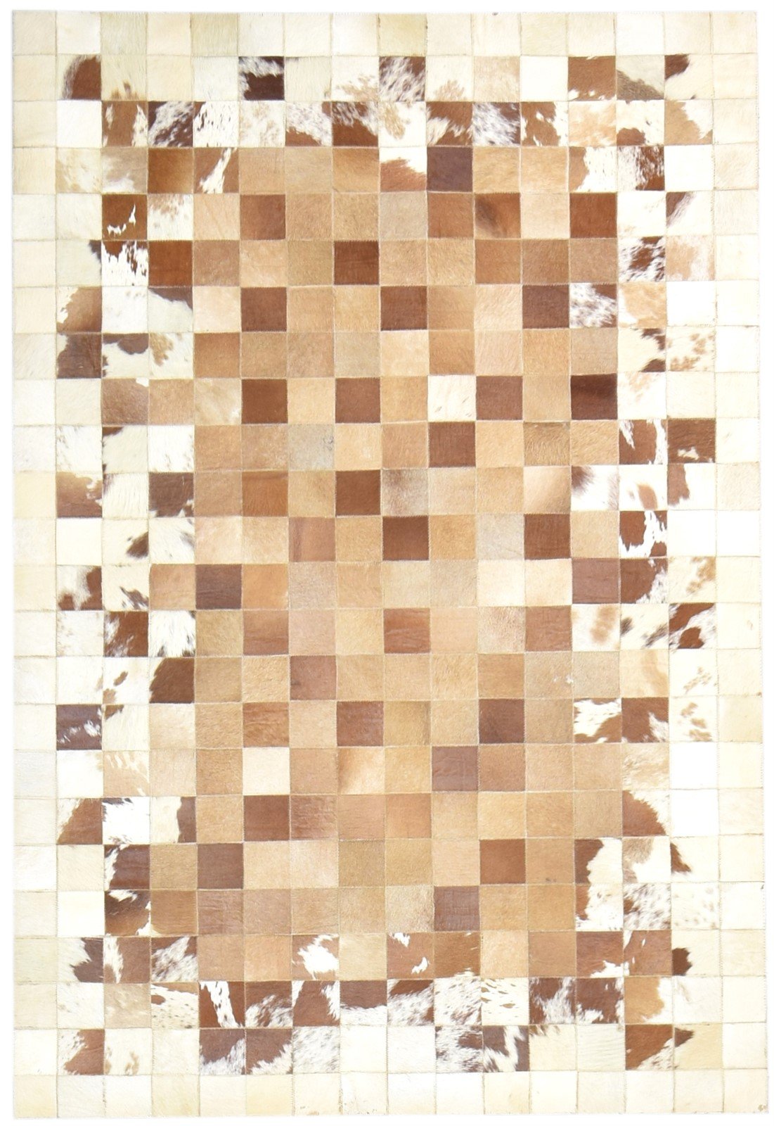 Evie Handmade Leather Brown Checkerboard Rug | Modern Patchwork Checkered Border Rug 7864582406293