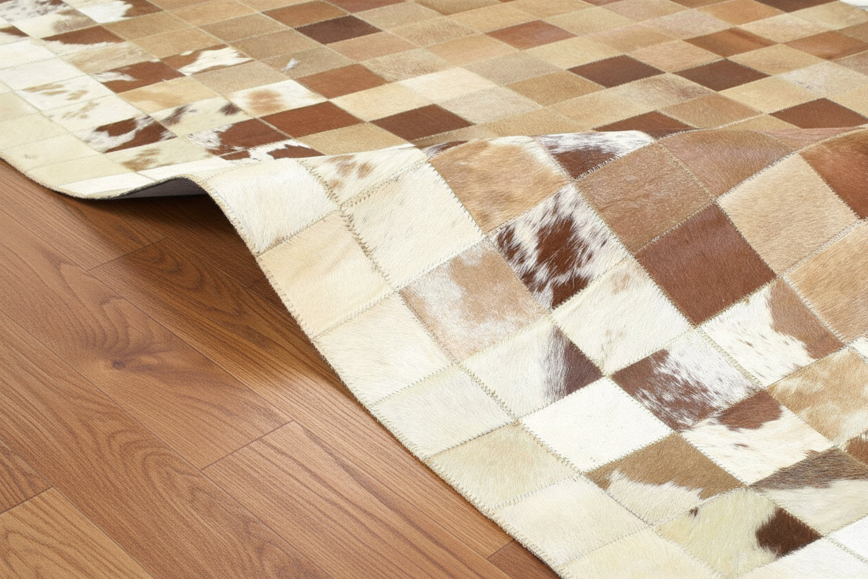 Evie Handmade Leather Brown Checkerboard Rug | Modern Patchwork Checkered Border Rug 7864582406293