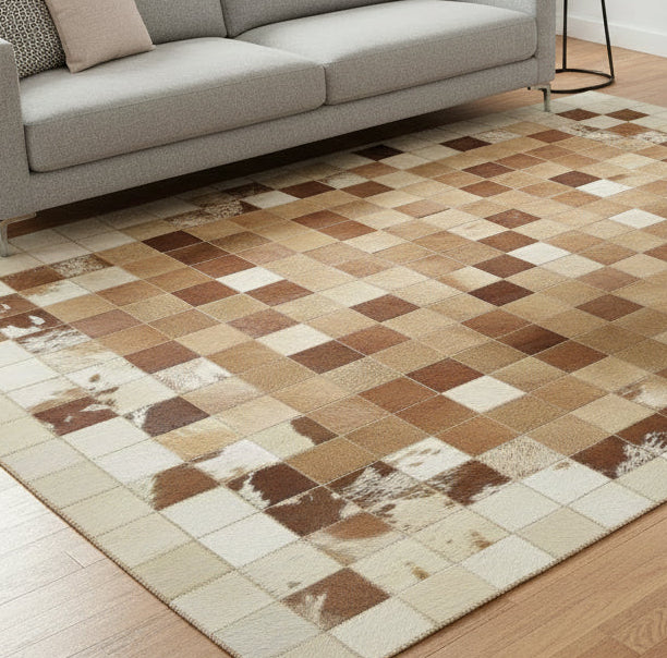 Evie Handmade Leather Brown Checkerboard Rug | Modern Patchwork Checkered Border Rug 7864582406293