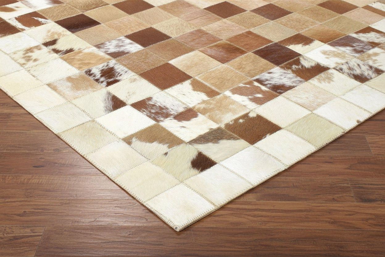 Evie Handmade Leather Brown Checkerboard Rug | Modern Patchwork Checkered Border Rug 7864582406293