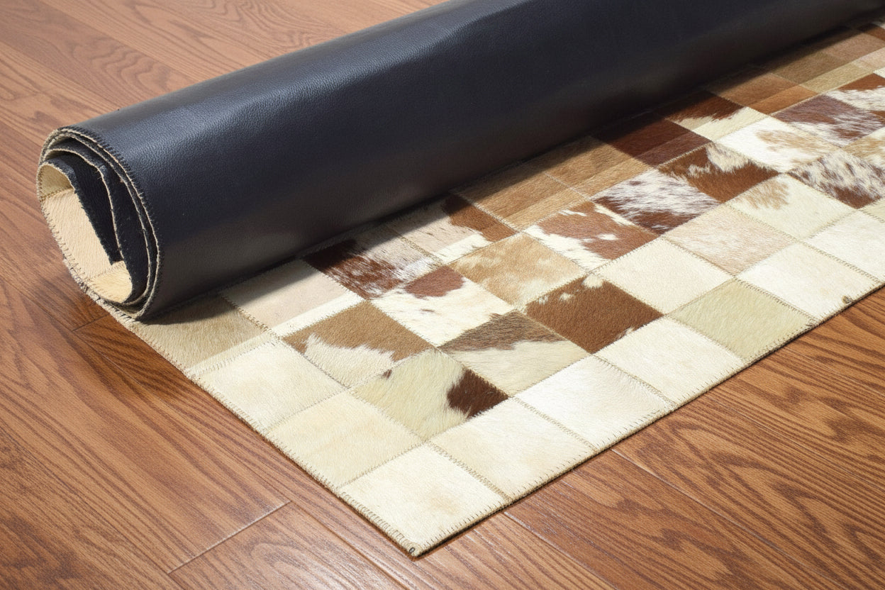 Evie Handmade Leather Brown Checkerboard Rug | Modern Patchwork Checkered Border Rug 7864582406293