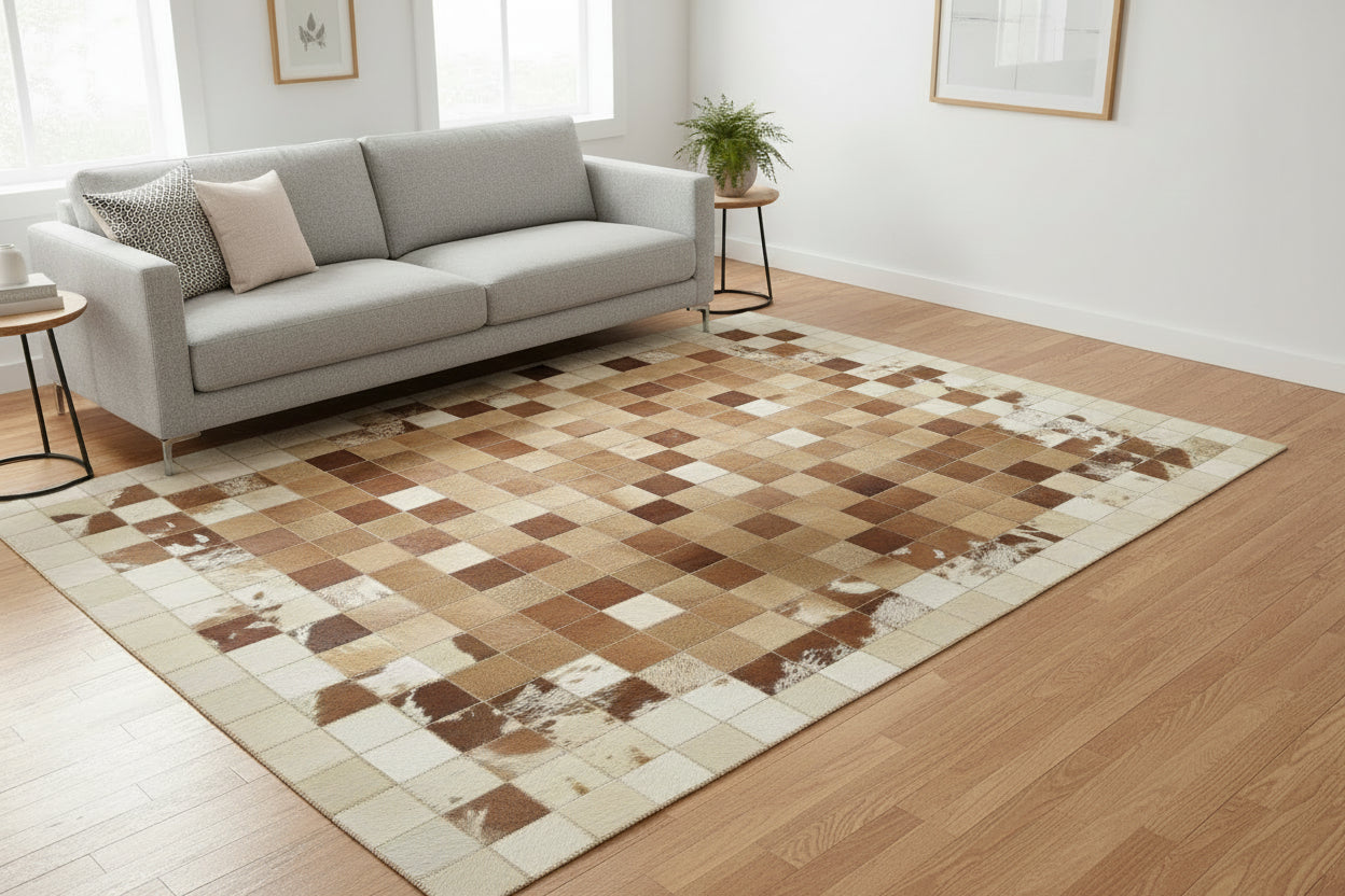 Evie Handmade Leather Brown Checkerboard Rug | Modern Patchwork Checkered Border Rug 7864582406293