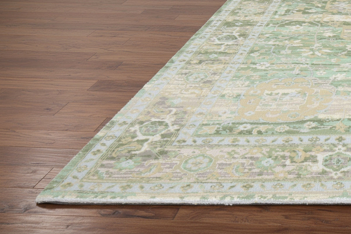 Fenna Handmade Medallion Sage Green Area Rug – Vintage Distressed Traditional Overdyed Style 9175422501013