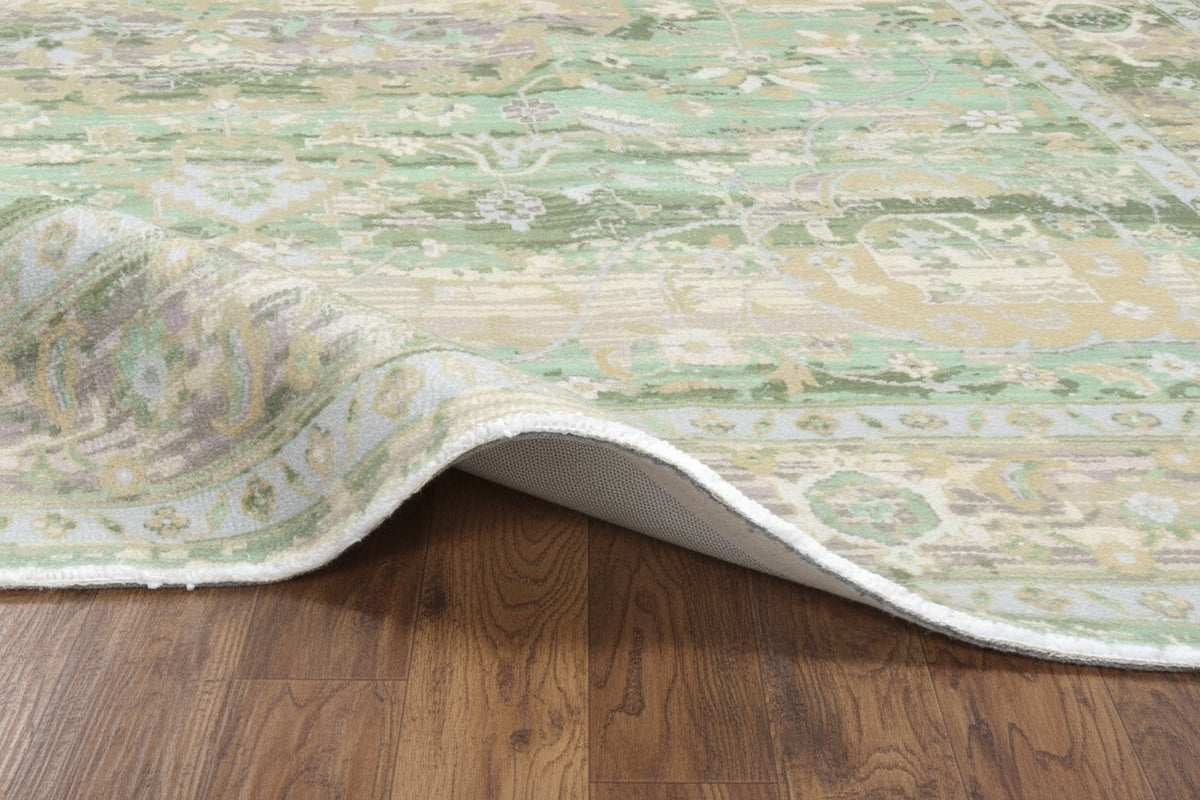 Fenna Handmade Medallion Sage Green Area Rug – Vintage Distressed Traditional Overdyed Style 9175422501013