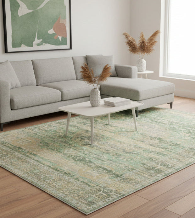 Fenna Handmade Medallion Sage Green Area Rug – Vintage Distressed Traditional Overdyed Style 9175422501013