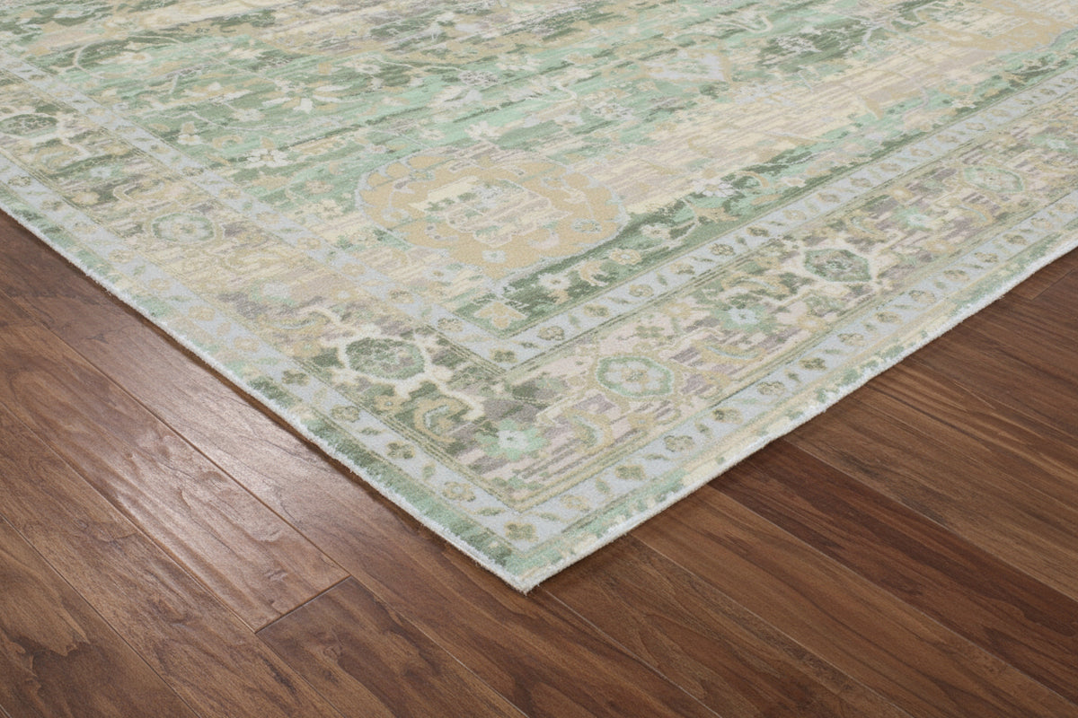 Fenna Handmade Medallion Sage Green Area Rug – Vintage Distressed Traditional Overdyed Style 9175422501013